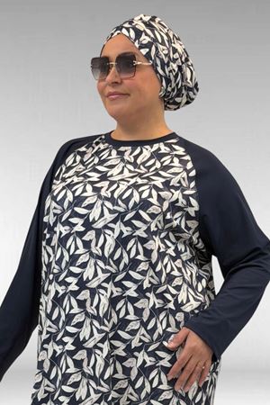 1742 Büyük Beden Uzunkol Tesettür Mayo Takım - Yaprak Desen Ekru