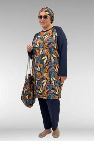 1742 Büyük Beden Uzunkol Tesettür Mayo Takım - Yaprak Desen Hardal