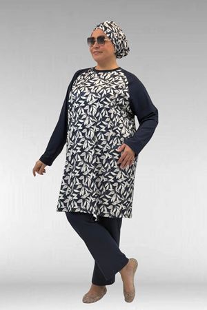 1742 Büyük Beden Uzunkol Tesettür Mayo Takım - Yaprak Desen Ekru