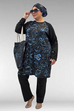 1742 Büyük Beden Uzunkol Tesettür Mayo Takım - Aqua Mavi