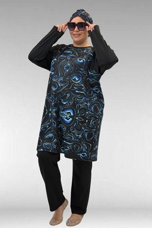 1742 Büyük Beden Uzunkol Tesettür Mayo Takım - Aqua Mavi