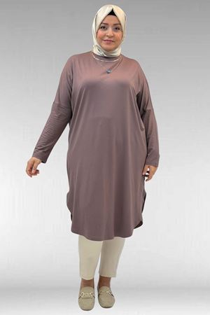 38110  Büyük Beden Düşük Kol Penye Tunik - Vizon