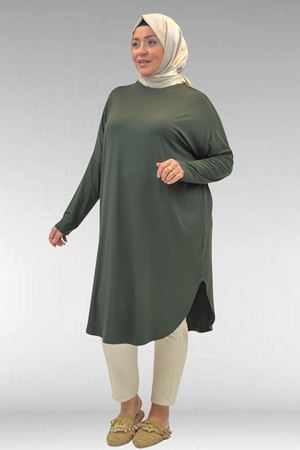 38110  Büyük Beden Düşük Kol Penye Tunik - Haki