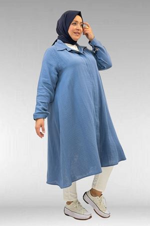 58093 Büyük Beden Mevlana Kesim Müslin Gömlek - Soğuk Mavi