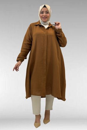 58093 Büyük Beden Mevlana Kesim Müslin Gömlek - Kahve