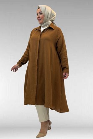 58093 Büyük Beden Mevlana Kesim Müslin Gömlek - Kahve