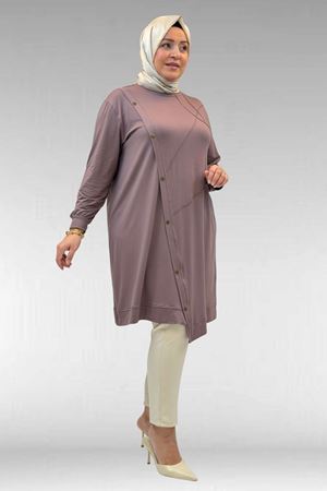 68006 Büyük Beden Pat Üzeri Düğme Detaylı Penye Tunik - Vizon
