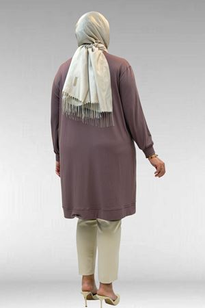 68006 Büyük Beden Pat Üzeri Düğme Detaylı Penye Tunik - Vizon