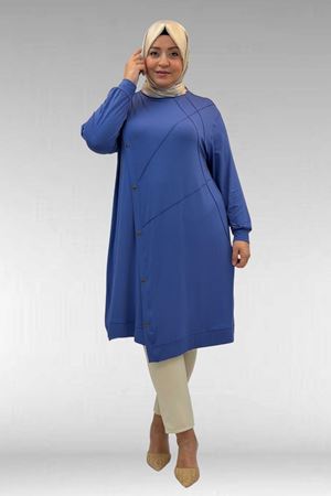 68006 Büyük Beden Pat Üzeri Düğme Detaylı Penye Tunik - İndigo