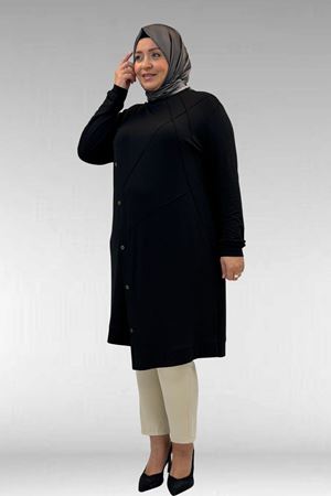 68006 Büyük Beden Pat Üzeri Düğme Detaylı Penye Tunik - Siyah