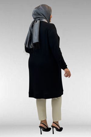 68006 Büyük Beden Pat Üzeri Düğme Detaylı Penye Tunik - Siyah