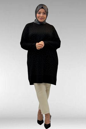68001 Büyük Beden Önü Taş Baskı Detaylı Penye Tunik - Siyah