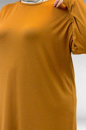 68001 Büyük Beden Önü Taş Baskı Detaylı Penye Tunik - Hardal