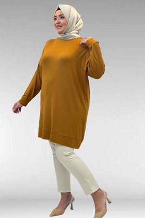 68001 Büyük Beden Önü Taş Baskı Detaylı Penye Tunik - Hardal