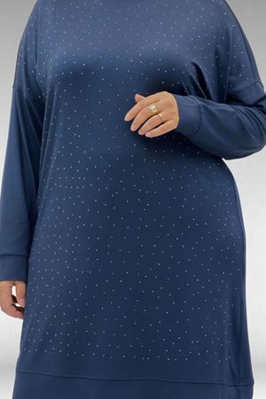 68001 Büyük Beden Önü Taş Baskı Detaylı Penye Tunik - Petrol