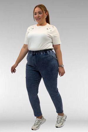 69002 Büyük Beden Beli Lastikli Darpaça Uzun Kot Pantolon - Koyu Mavi