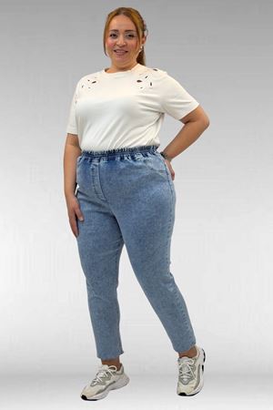 69002 Büyük Beden Beli Lastikli Darpaça Uzun Kot Pantolon - Kar Yıkama Mavi