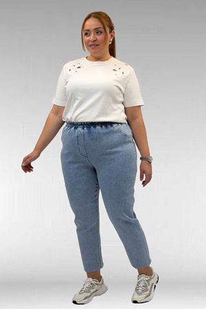 69002 Büyük Beden Beli Lastikli Darpaça Uzun Kot Pantolon - Açık Mavi