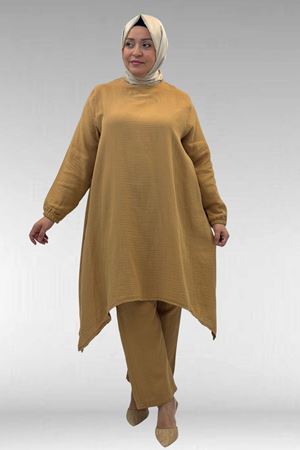 67044 Büyük Beden Asimetrik Kesim Pantolonlu Müslin Takım - Bisküvi