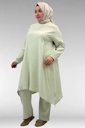 67044 Büyük Beden Asimetrik Kesim Pantolonlu Müslin Takım - Su Yeşili