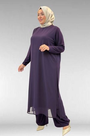 67024 Büyük Beden Sandy-Şifon Elbise - Mürdüm