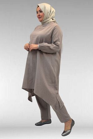 67044 Büyük Beden Asimetrik Kesim Pantolonlu Müslin Takım - Vizon