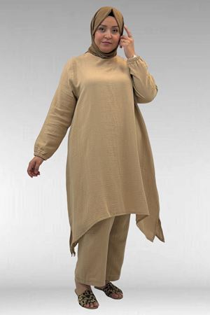 67044 Büyük Beden Asimetrik Kesim Pantolonlu Müslin Takım - Bej
