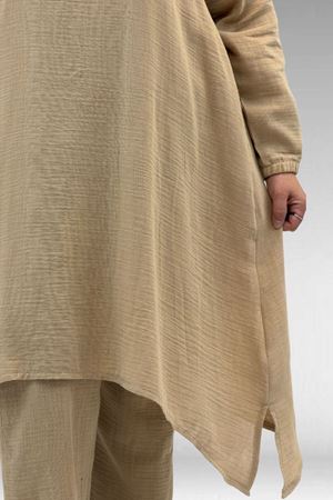 67044 Büyük Beden Asimetrik Kesim Pantolonlu Müslin Takım - Bej