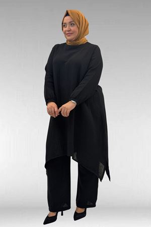 67044 Büyük Beden Asimetrik Kesim Pantolonlu Müslin Takım - Siyah