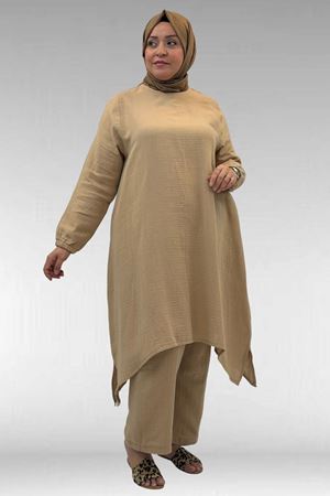 67044 Büyük Beden Asimetrik Kesim Pantolonlu Müslin Takım - Bej