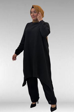 67044 Büyük Beden Asimetrik Kesim Pantolonlu Müslin Takım - Siyah