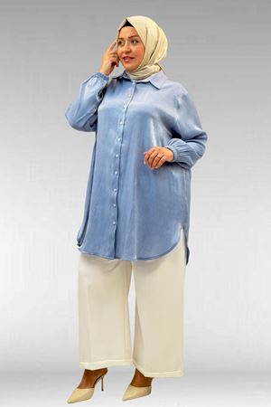 58085-1 Büyük Beden Kolları Lastikli Star Gömlek - İndigo