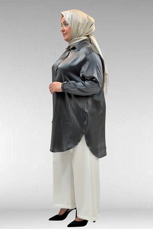 58085-1 Büyük Beden Kolları Lastikli Star Gömlek - Siyah