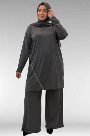 67043 Büyük Beden Püskül Detaylı Sandy Pantolonlu Takım - Antrasit