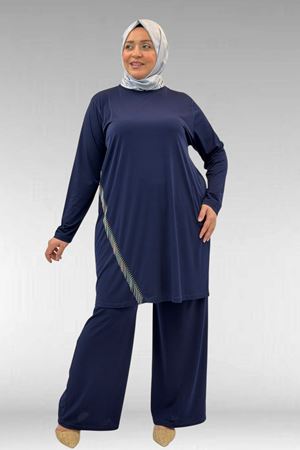 67043 Büyük Beden Püskül Detaylı Sandy Pantolonlu Takım - Lacivert