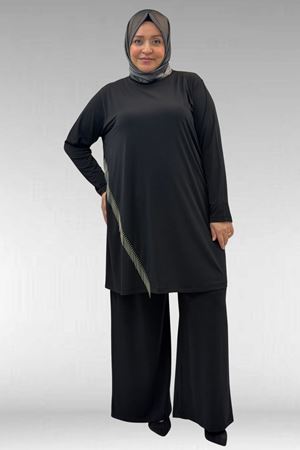 67043 Büyük Beden Püskül Detaylı Sandy Pantolonlu Takım - Siyah