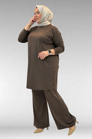 67043 Büyük Beden Püskül Detaylı Sandy Pantolonlu Takım - Kahve