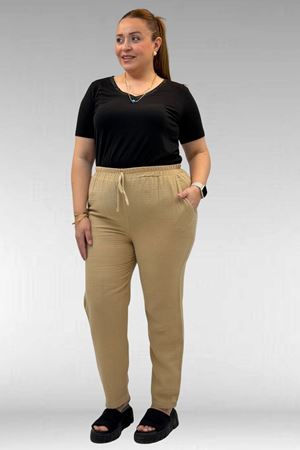 59020 Büyük Beden Beli Lastikli Müslin Dar Paça Pantolon - Vizon