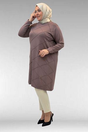 68004 Büyük Beden Çıma Detaylı Penye Tunik - Vizon