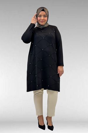 68004 Büyük Beden Çıma Detaylı Penye Tunik - Siyah