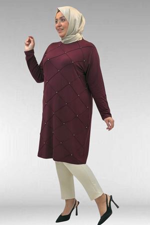 68004 Büyük Beden Çıma Detaylı Penye Tunik - Bordo