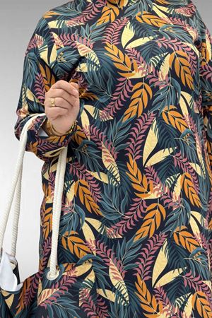 1727 Büyük Beden Uzunkol Tesettür Mayo Takım - Yaprak Desen Hardal-Laci