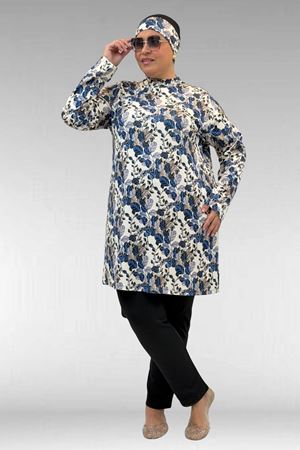 1727 Büyük Beden Uzunkol Tesettür Mayo Takım - Yaprak Desen Mavi-Siyah