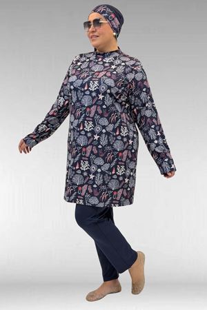 1727 Büyük Beden Uzunkol Tesettür Mayo Takım - Karışık Desen Laci-Laci