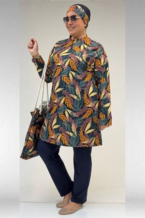 1727 Büyük Beden Uzunkol Tesettür Mayo Takım - Yaprak Desen Hardal-Laci