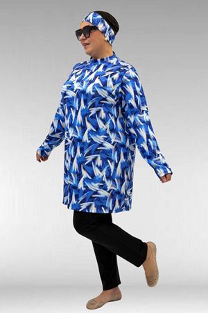 1727 Büyük Beden Uzunkol Tesettür Mayo Takım - Fırça Desen Saks-Siyah