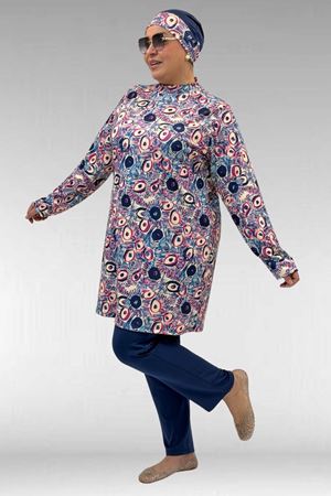 1727 Büyük Beden Uzunkol Tesettür Mayo Takım - Göz Desen İndigo-İndigo