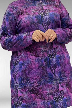 1727 Büyük Beden Uzunkol Tesettür Mayo Takım - Yaprak Desen Mor-Siyah