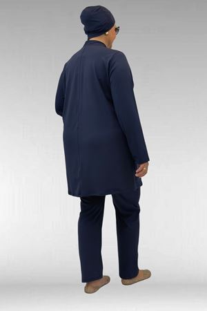 1739 Büyük Beden Önü Taş Baskılı Uzunkol Tesettür Mayo - Lacivert