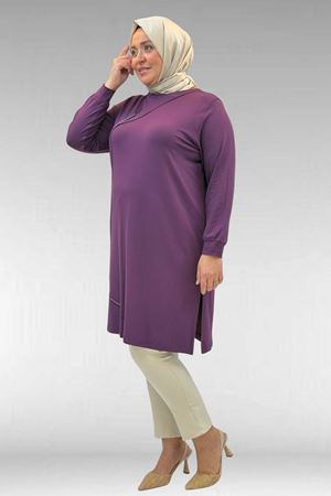 68005 Büyük Beden İnci Çakma Detaylı Penye Tunik - Mürdüm